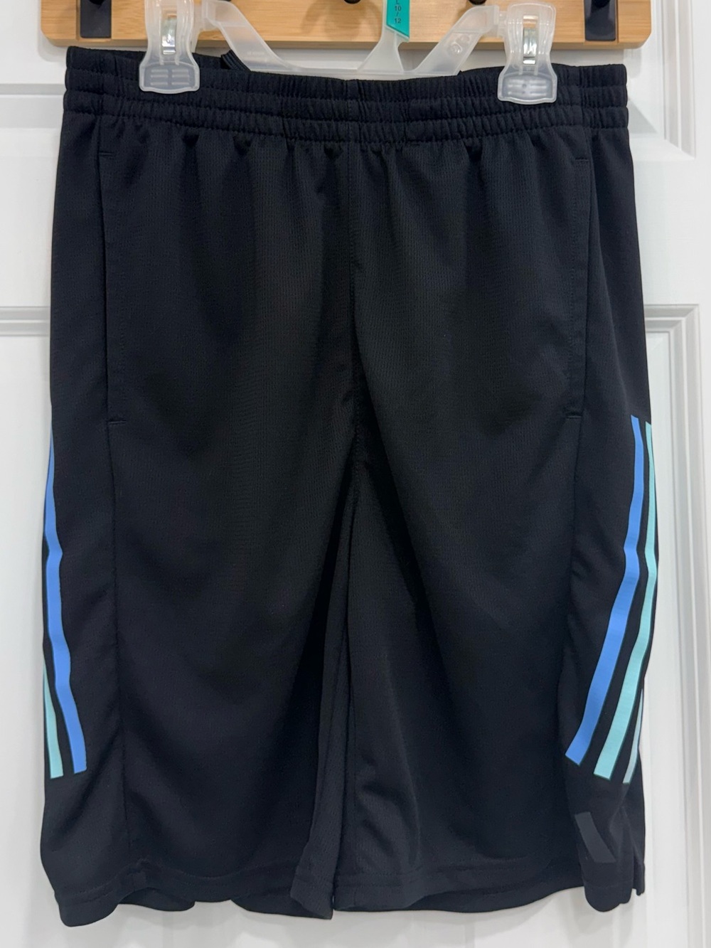 adidas Black Athletic Shorts with Blue and Aqua Side Stripes - Big boys